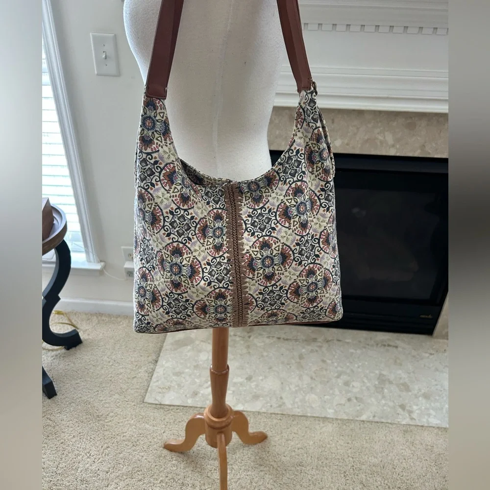 Sakroots Atlas Hobo Mosaic Cambria Print Hobo Bag with Brown Leather Straps